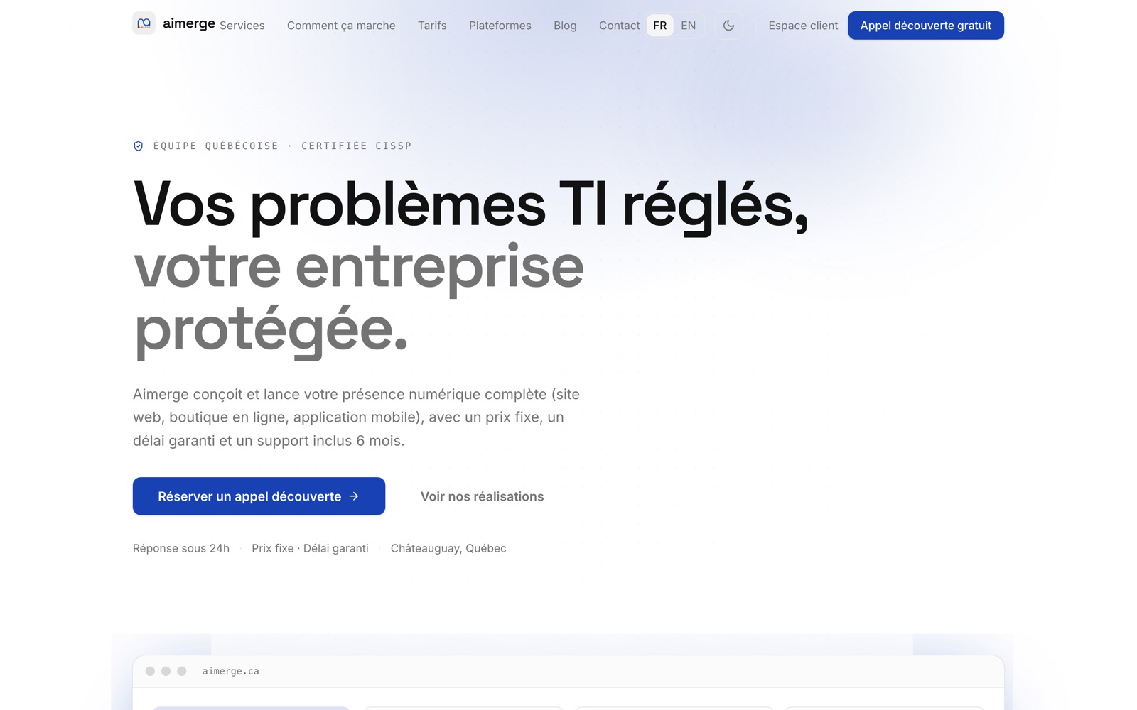 Page d'accueil du site aimerge.ca : hero « Vos problèmes TI réglés »